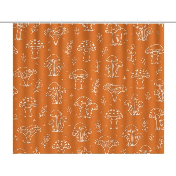 Mushroom Plant Outline Pattern Orange Print Shower Curtain,Cloth Fabric Waterproof Polyester Bathroom Home Decor Set with Hooks