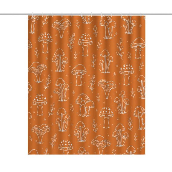 Mushroom Plant Outline Pattern Orange Print Shower Curtain,Cloth Fabric Waterproof Polyester Bathroom Home Decor Set with Hooks