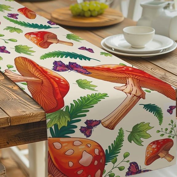 Mushroom Plant Table Runner Polyester Butterflies Tablecloth Seasonal Kitchen Dining Table Decoration for DIY Home Party Festival Decor 13x90 Inch