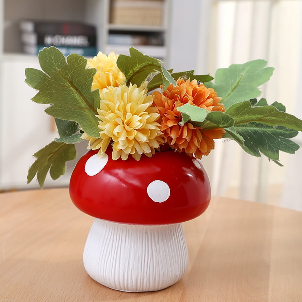 Mushroom Planter - Cute Resin Pot Unique Small Flower Planters Red Mushroom Planter Table Arrangement Multipurpose Stationery Holder Mushroom Vase