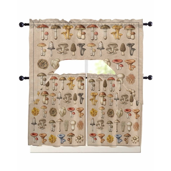 Mushroom Plants Swag Kitchen Curtains Sets for Windows 24 Inch Length, Vintage Farmhous Botanical Brown Short Window Curtain Panels Swags Valances and Tiers 3 Piece Set for Cafe/Dining Room