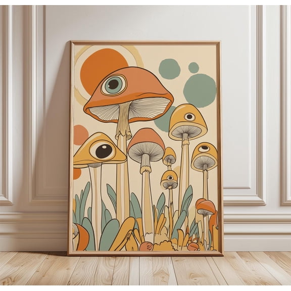 Mushroom Poster Retro 70s Psychedelic Wall Art Print Abstract Nature Illustration Boho Dec