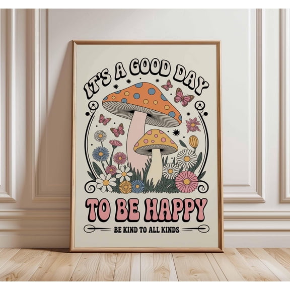 Mushroom Poster Retro Psychedelic Wall Art Boho Print 70s Hippie Room Decor Positive Quote