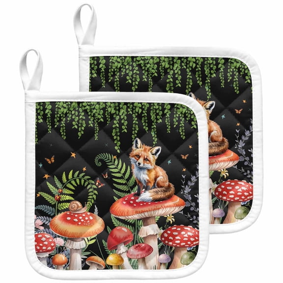 Mushroom Pot Holders for Kitchen Heatproof Potholder, 2 Pack Fox Botanical Leaf Green Black Butterfly Hot Pads Multipurpose Oven Pads Cloth Potholders Trivet for Cooking and Baking