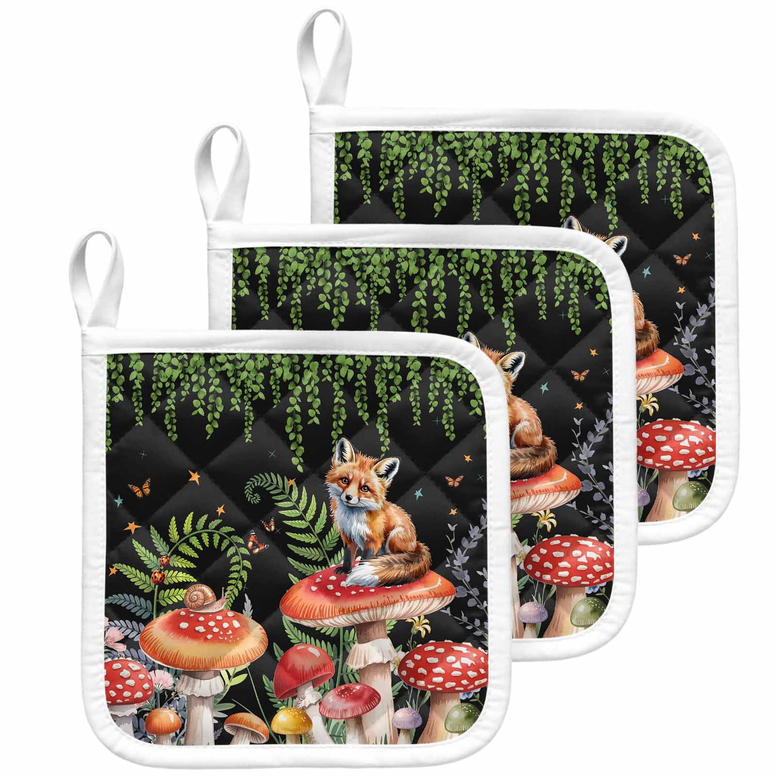 Mushroom Pot Holders for Kitchen Heatproof Potholder, 3 Pack Fox Botanical Leaf Green Black Butterfly Hot Pads Multipurpose Oven Pads Cloth Potholders Trivet for Cooking Baking
