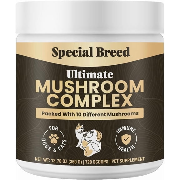Mushroom Powder for Dogs & Cats - Organic Mushroom Complex for Immunity Support, Immune Function, Cognition, Vitality - Ten Mushroom Supplement with Turkey Tail, Lion's Mane, Reishi - 720 Scoops