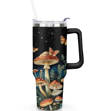 Mushroom Print 40oz Water Bottle, Handle & Straw, Leakproof, Great for Gym