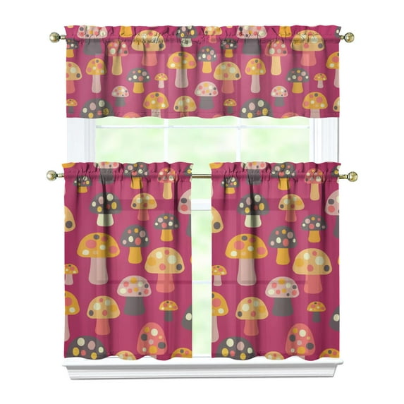 Mushroom Print Kitchen Curtains Valance and Tiers 27.5x36in Polyester Fabric Rustic Charm Perfect for Fall and Holiday Decorations