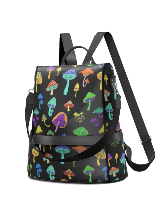 Mushroom and Psychedelic Black Fashion Backpack, Convertible Shoulder Bag with Side Bottle Pockets & Convertible Strap, Large Capacity Gifts for Women Casual Use