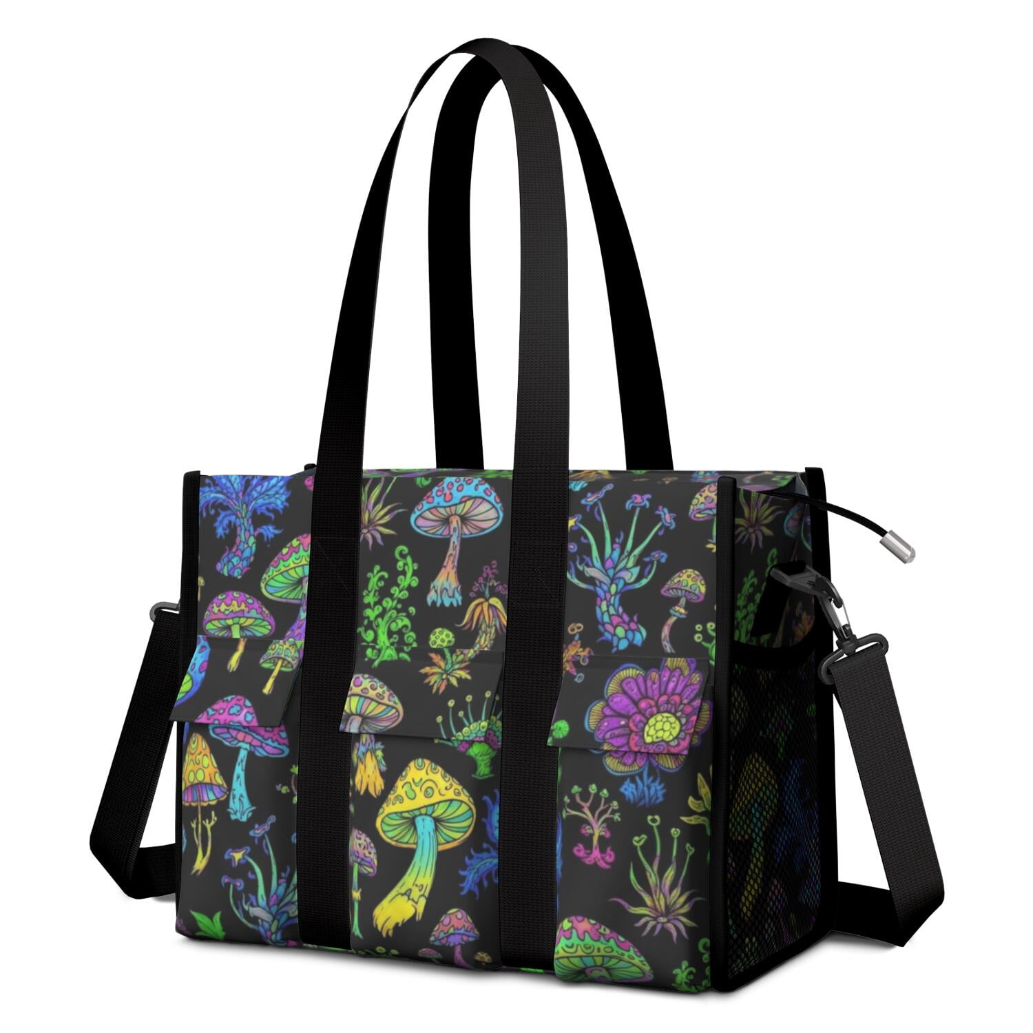 Mushroom and Psychedelic Black Pattern Utility Tote Bag, Office ...