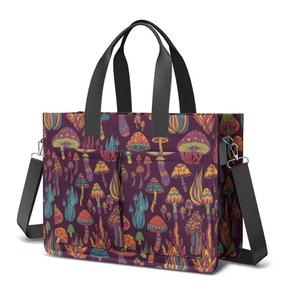 Mushroom and Psychedelic Purple Pattern Canvas Messenger Tote Bag, Laptop Shoulder Bag with Multi Pockets & Removable Strap, Large Capacity Gifts for Women Men Teacher Nurse