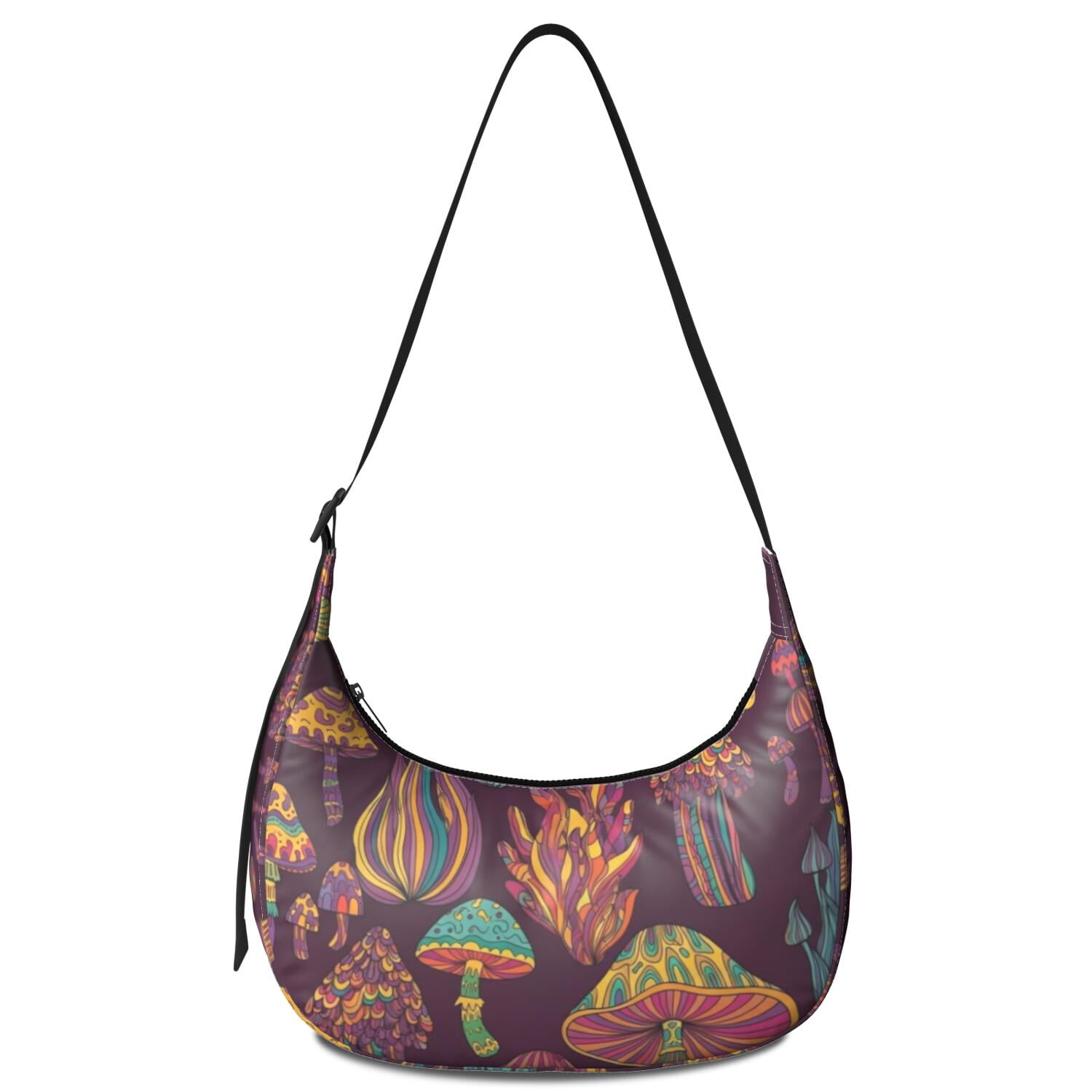 Mushroom and Psychedelic Purple Pattern Hobo Shoulder Bag, Travel Hobo ...
