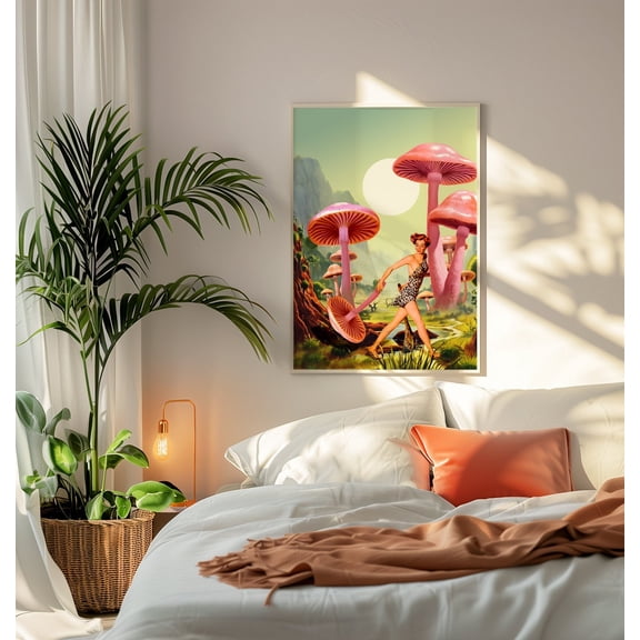 Mushroom Quest Mushroom Art Psychedelic Poster Vintage Wall Print Trippy Wall Art Stone Age Pin Up Retro Art Wall Art, Modern Wall Decor, 8x12 UNFRAMED