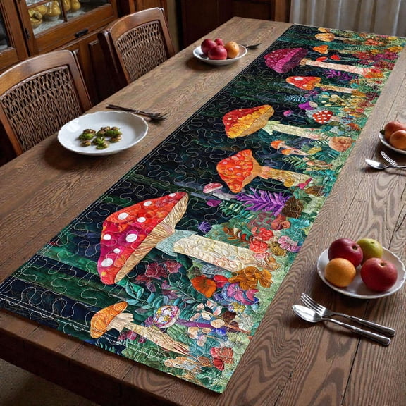 Mushroom Quilt Table Runner Forest Woodland Table Runner Colorful Cottagecore Dining Table Decor Nature Inspired Quilted Runner