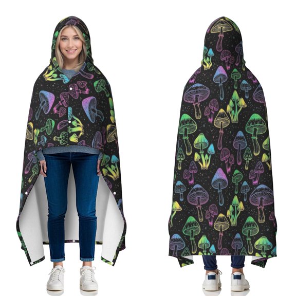 Mushroom and Rainbow Black Pattern Hooded Flannel Blanket with Buttons, Camping Wearable Blanket with Hood & Button Closure, Soft Flannel Fabric Gifts for Home Camping Travel Theater,50"x60"