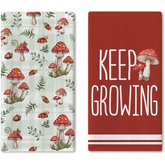 Mushroom Red Kitchen Dish Towels Set of 2, Keep Growing Forest Botanical Cottagecore Drying Hand Towel Baking Cooking Cloth, Nature Fern Plant Acorn Bathroom Home Decoration 16 x 24 Inches