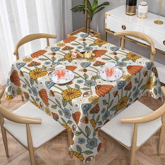 Mushroom Retro 70S Floral Boho Tablecloth Square 60 In Vintage Flowers Bohemian Washable Wrinkle Stain-Resistant Polyester Rustic Farmhouse Table Cloth Holiday Decor For Party Picnic Dining Outdoor