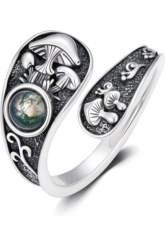Mushroom Ring 925 Sterling Silver Moss Agate Spoon Ring Mushroom Jewelry Gifts for Women