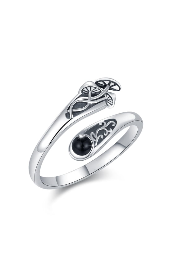 Mushroom Ring 925 Sterling Silver Mushroom Spoon Ring with Black Onyx Adjustable Gothic Jewelry Gift for Women Size 8#