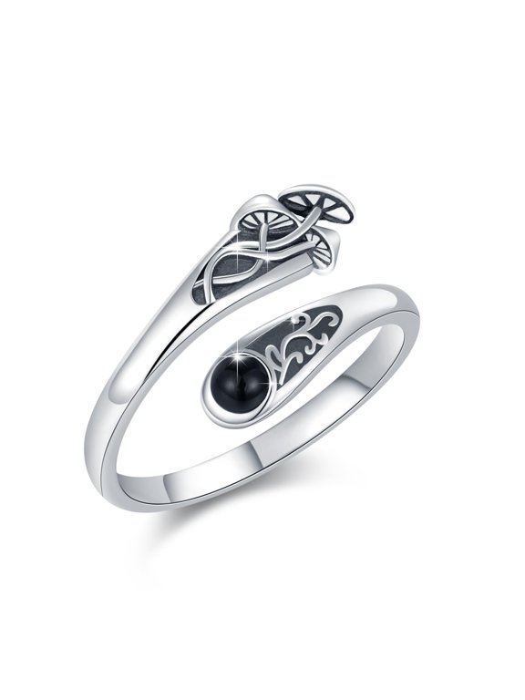 Mushroom Ring 925 Sterling Silver Mushroom Spoon Ring with Black Onyx Adjustable Gothic Jewelry Gift for Women Size 8#