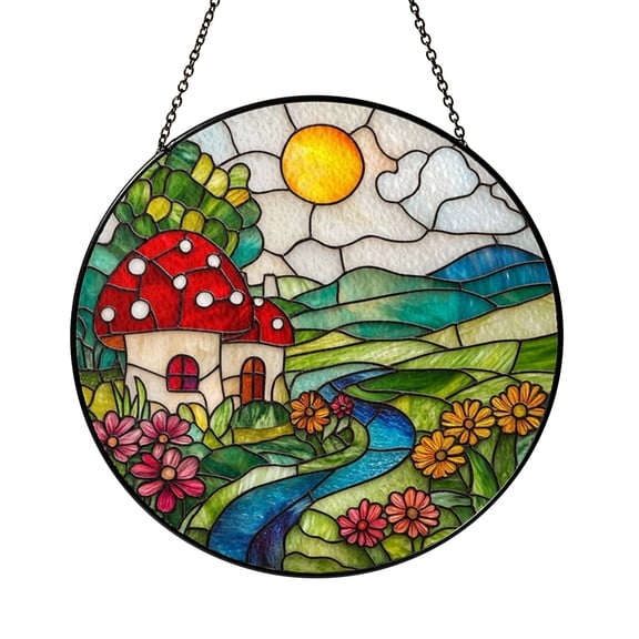 Mushroom River Cottage Window Suncatcher Hanging Decor, Stained Glass Style Forest House Decorative Panel Art for Window Decoration Cottagecore Home Decor