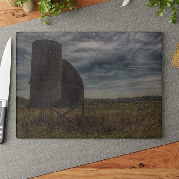 U R There Photography Mushroom Road Red II Rustic Farmhouse Tempered-Glass Cutting Board 11"x 15"