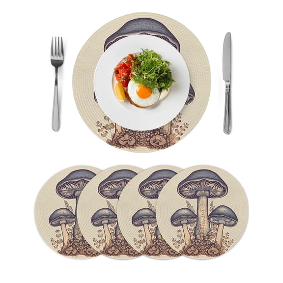 Mushroom Round Placemats Set of 4 for Dinning Tables, Heat-proof Braided Table Mats 15 Inch, Blue Brown Botanical Summer Washable Place Mat for Kitchen Restaurant Party Decor Supplies Table Setting