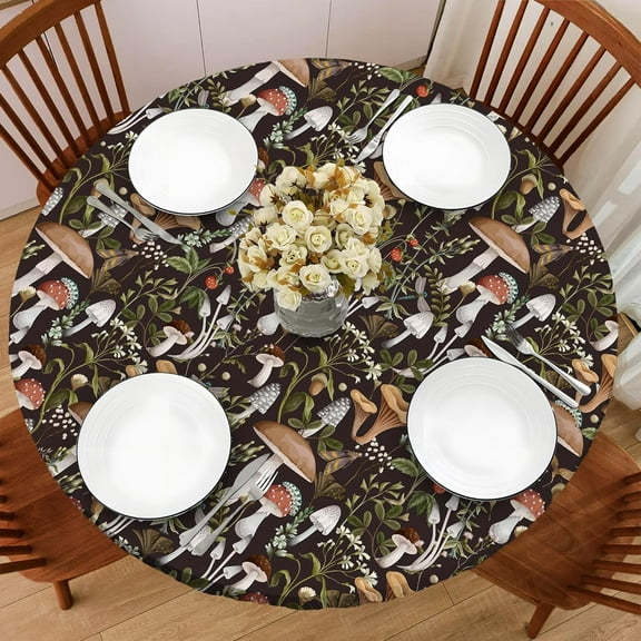 Mushroom Round Vinyl Fitted Tablecloth with Elastic Edged, Waterproof Oil Proof Wipeable Table Cover for Indoor Outdoor Patio Table, Fits Round Tables Up to 46" - 50" Diameter