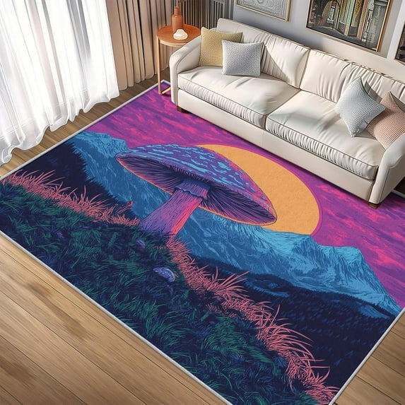 Mushroom Rug Washable Mushrooms Rugs For Living Room Bedroom, Moon Mountain Area Rug For Home Decor, Non Slip Backing Floor Carpet 3x5ft