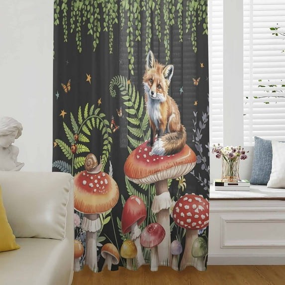 Mushroom Semi Sheer Curtains Drapes for Living Room, Bedroom, French Doors Window 54 Inches Long, Fox Botanical Leaf Green Black Butterfly Rod Pocket Chiffon Curtain Drapery Voile Draperies Panel