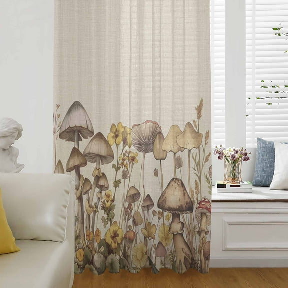 Mushroom Semi Sheer Curtains Drapes for Living Room, Bedroom, French Doors Window 72 Inches Long, Farmhouse Summer Botanical Floral Rustic Rod Pocket Chiffon Curtain Drapery Voile Draperies Panel