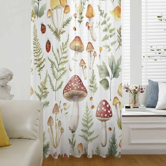 Mushroom Semi Sheer Curtains Drapes for Living Room, Bedroom, French Doors Window 84 Inches Long, Vintage Botanical Spring Floral Farmhouse Rod Pocket Chiffon Curtain Drapery Voile Draperies Panel