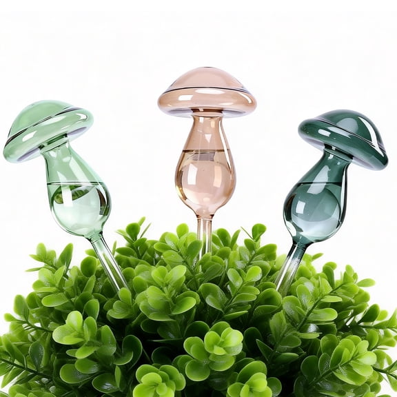 Mushroom Shape Glass Self-Watering Stakes Adjustable Dripping Speed, Durable Glass Plant Waterers, Decorative Indoor/Outdoor Potted Plant Watering Tools,3 Pack