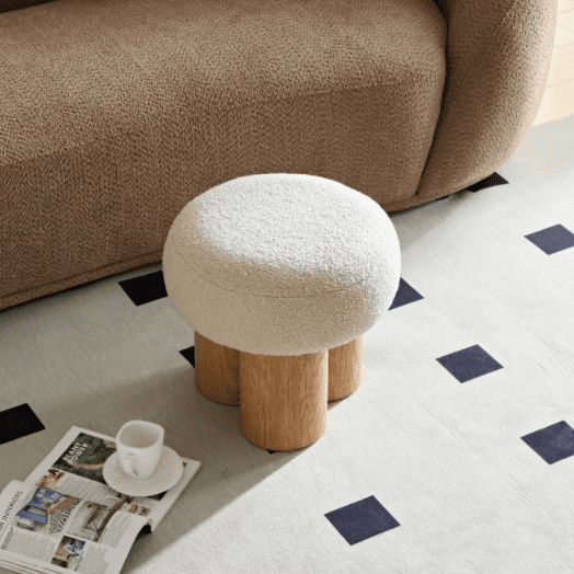 Mushroom Shape Ottoman, Broadcloth Pleat Mushroom Stool, Lamb Wool Footstool Seat, Barrel PVC Pipe With Walnut Finish, Greige