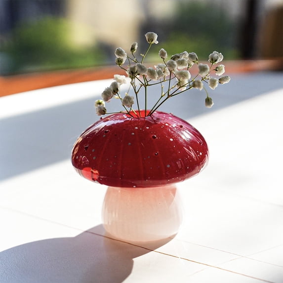Mushroom-Shaped Glass Vase, Colorful Gradient Hydroponic Planter for Fresh/Dried Flowers, Cute Desktop Home Decor Ornament,Red