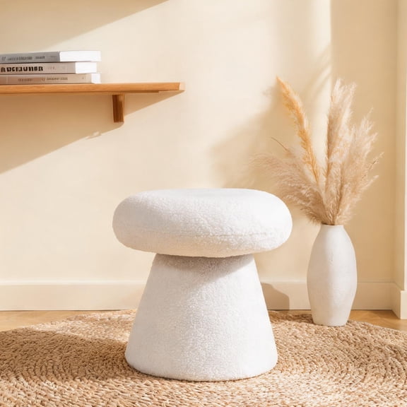 Mushroom-Shaped Ottoman, White-Toned Teddy Fabric, 360 Swivel, Footstool for Bedroom, Living Room, or Entryway