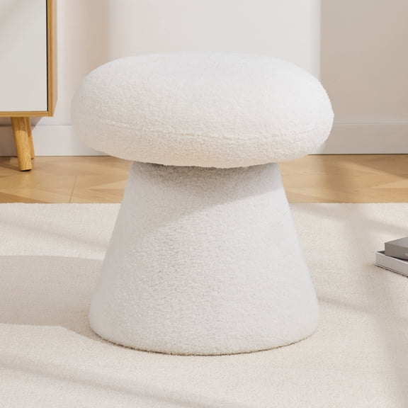 Mushroom Shaped Teddy Fabric Footstool Ottoman, White