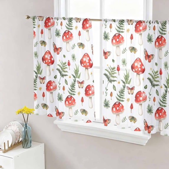 Mushroom Sheer Curtains 54 Inch Length 2 Panels Set, Red Botanical Summer Green Butterfly Voile Window Treatment Rod Pocket Short Kitchen Curtains Drapes for Bedroom 52"x54"x2