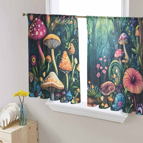 Mushroom Sheer Curtains 54 Inches Length 2 Panels Set, Window Sheer Curtains for Living Room/Bedroom, Dream Forest Botanical Floral Plant Light Filtering Rod Pocket Curtain 52'' x 54'' x 2