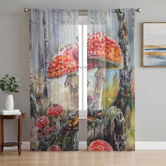 Mushroom Sheer Curtains 72 Inch Length 2 Panels Set, Vintage Watercolor Oil Painting Botanical Voile Window Treatment Rod Pocket Curtains Sheers Drapes for Bedroom/Living Room/Kitchen 52"x72"x2