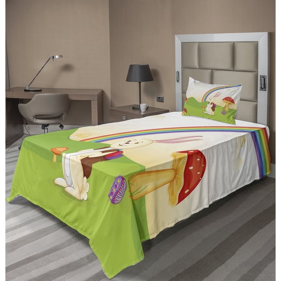 Ambesonne Rainbow Fitted & Top Sheet Set with Sham, Bunny Easter Egg, Multicolor