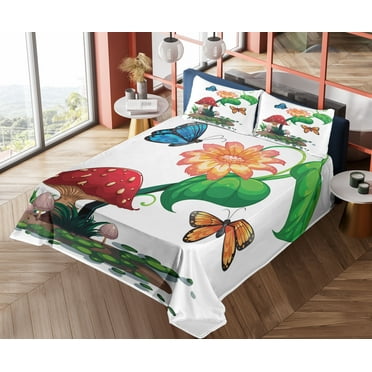 Mushroom Sheet Set, Illustration of Flowering Plant Butterflies Vibrant Color Wings Creatures Universe, Fitted and Flat Sheet Pillowcases Bedding Accent 4 Piece Set, Full, Multicolor, by Ambesonne