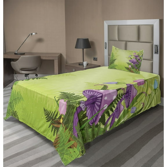 Ambesonne Landscape Fitted & Top Sheet Set with Sham, Mushroom Flower Magic, Green Purple