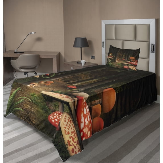 Ambesonne Nature Fitted & Top Sheet Set with Sham, Mushrooms Dark Forest, Green Brown and Red