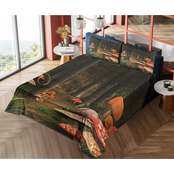 Ambesonne Nature Fitted & Top Sheet Set with Shams, Mushrooms Dark Forest, Green Brown and Red