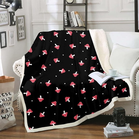 Mushroom Sherpa Blanket Girls Kawaii Room Decor Fleece Throw Blanket Kids Boys Teens Cute Black Red Mushrooms Plush Blanket for Bed Sofa Couch Soft Lovely Botanical Fuzzy BlanketBaby 30"x40"