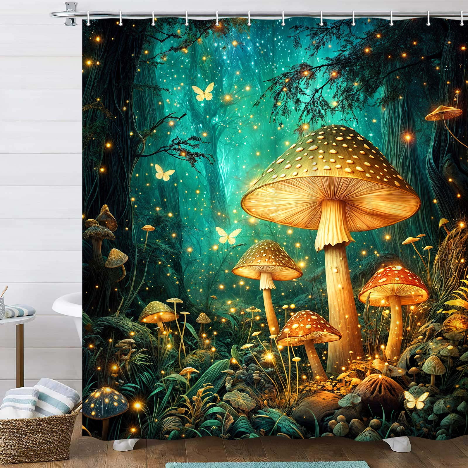 Mushroom Shower Curtain for Bathroom, Mushroom Fantasy Fairy Tale Forest Vintage Botanical Wild Plants Fantasy Fairy Tale Forest Bathroom Shower Curtain Decor with Hooks,70X75