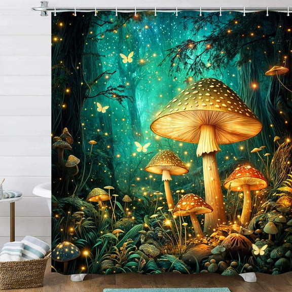 Mushroom Shower Curtain for Bathroom, Mushroom Fantasy Fairy Tale Forest Vintage Botanical Wild Plants Fantasy Fairy Tale Forest Bathroom Shower Curtain Decor with Hooks,70X70
