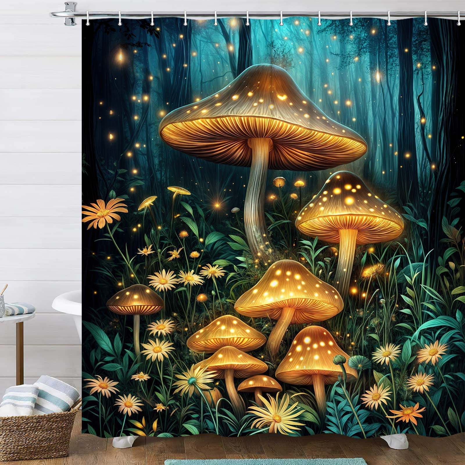 Mushroom Shower Curtain for Bathroom, Mushroom Fantasy Fairy Tale Forest Vintage Botanical Wild Plants Fantasy Fairy Tale Forest Bathroom Shower Curtain Set with Hooks,70X84