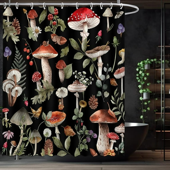 Mushroom Shower Curtain Boho Shower Curtain for Bathroom Vintage Aesthetic Black Shower Curtain Set Decor with 12 Hooks 72x72 Inches